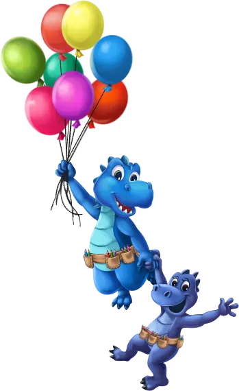 Dinos flying up with balloons